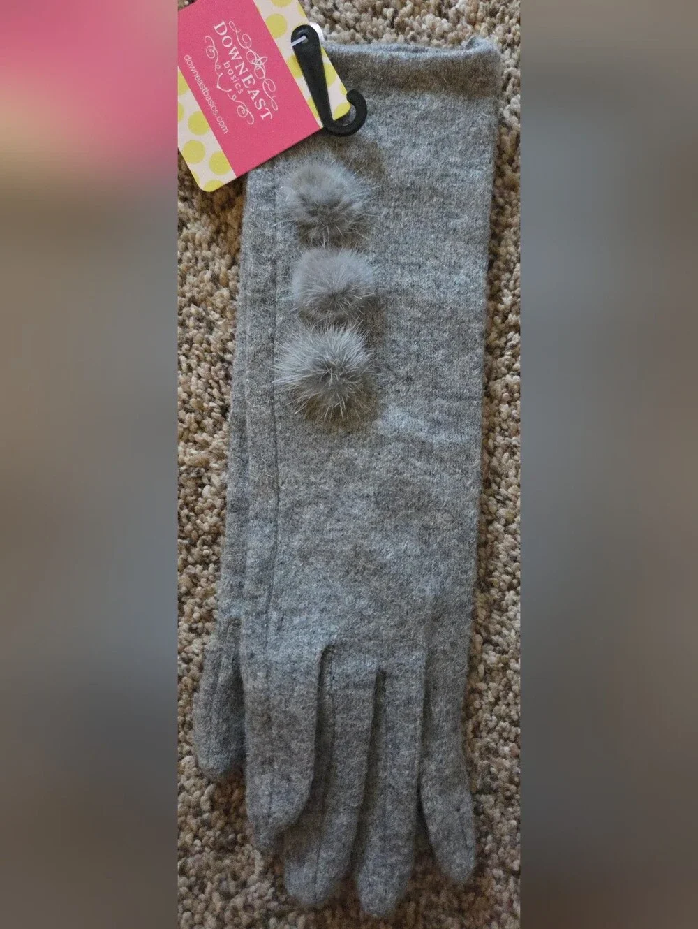 DownEast Gray Long Gloves with Pom Pom Accents OS NWT